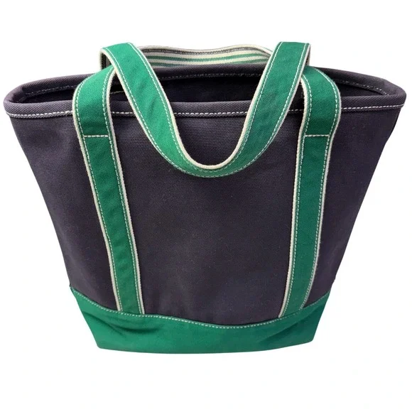 Lands End Canvas Tote Bag Navy Blue Green Cotton Open Top Pocket Key Clip 12in - Picture 3 of 10